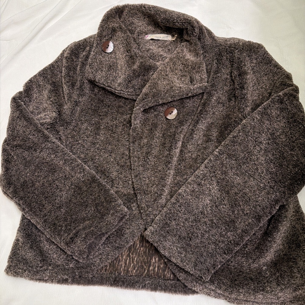 True Grit Dry Goods Womens Plush Fleece Asymmetrical Button Jacket Brown Large